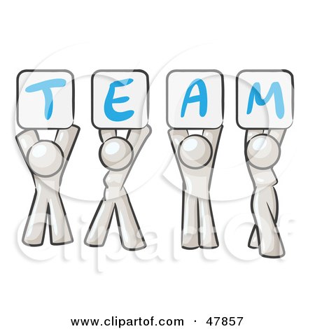 Royalty-Free (RF) Clipart Illustration of a White Design Mascot Group Holding Up Team Signs by Leo Blanchette