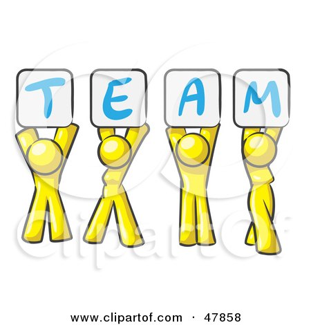 Royalty-Free (RF) Clipart Illustration of a Yellow Design Mascot Group Holding Up Team Signs by Leo Blanchette