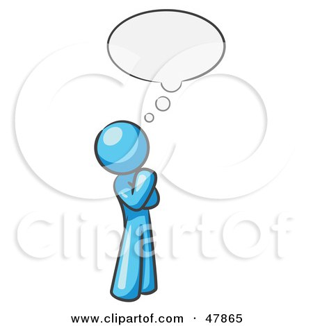Royalty-Free (RF) Clipart Illustration of a Blue Design Mascot Man In Thought With A Bubble by Leo Blanchette