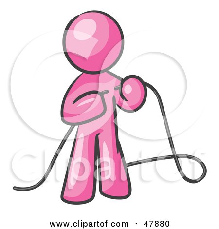 Royalty-Free (RF) Clipart Illustration of a Pink Design Mascot Man Tying Loose Ends Of Cables by Leo Blanchette