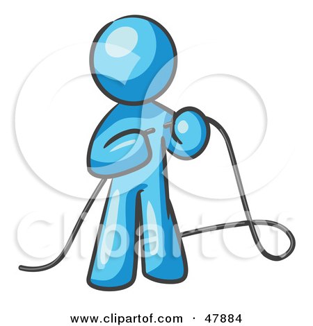 Royalty-Free (RF) Clipart Illustration of a Blue Design Mascot Man Tying Loose Ends Of Cables by Leo Blanchette