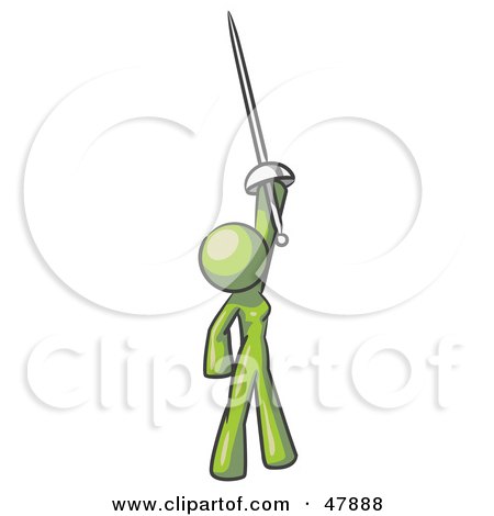 Royalty-Free (RF) Clipart Illustration of a Green Design Mascot Woman Holding Up A Sword by Leo Blanchette