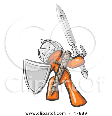 Royalty-Free (RF) Clipart Illustration of an Orange Design Mascot Man Ultimate Warrior With A Sword And Shield by Leo Blanchette