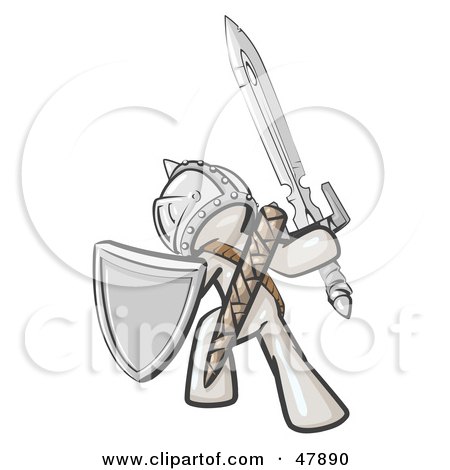 Royalty-Free (RF) Clipart Illustration of a White Design Mascot Man Ultimate Warrior With A Sword And Shield by Leo Blanchette
