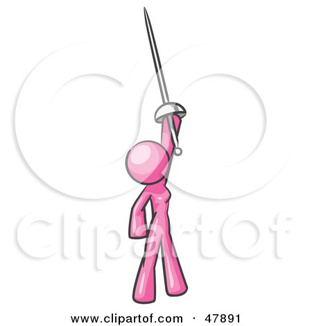 Royalty-Free (RF) Clipart Illustration of a Pink Design Mascot Woman Holding Up A Sword by Leo Blanchette