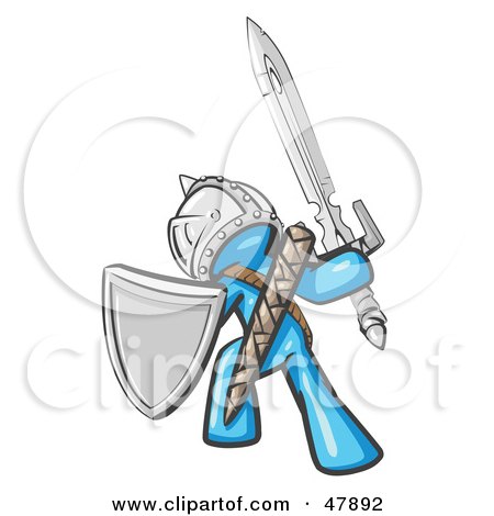 Royalty-Free (RF) Clipart Illustration of a Blue Design Mascot Man Ultimate Warrior With A Sword And Shield by Leo Blanchette