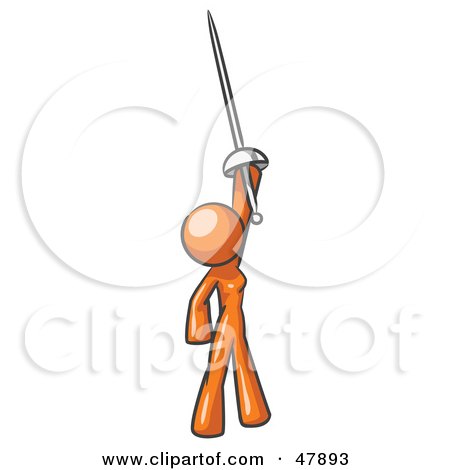 Royalty-Free (RF) Clipart Illustration of an Orange Design Mascot Woman Holding Up A Sword by Leo Blanchette