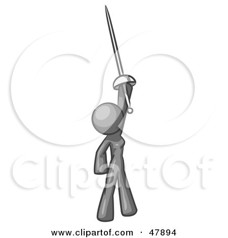 Royalty-Free (RF) Clipart Illustration of a Gray Design Mascot Woman Holding Up A Sword by Leo Blanchette