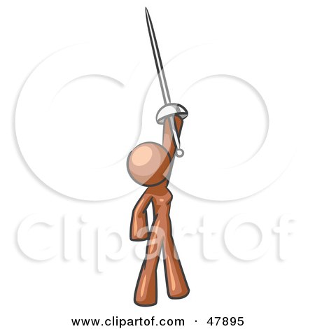 Royalty-Free (RF) Clipart Illustration of a Brown Design Mascot Woman Holding Up A Sword by Leo Blanchette