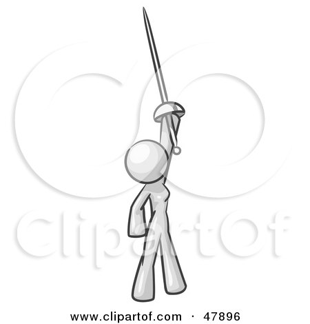 Royalty-Free (RF) Clipart Illustration of a White Design Mascot Woman Holding Up A Sword by Leo Blanchette