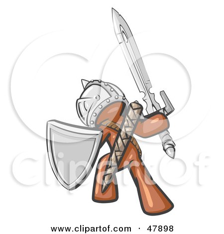 Royalty-Free (RF) Clipart Illustration of a Brown Design Mascot Man Ultimate Warrior With A Sword And Shield by Leo Blanchette