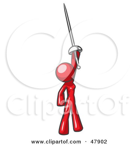 Royalty-Free (RF) Clipart Illustration of a Red Design Mascot Woman Holding Up A Sword by Leo Blanchette