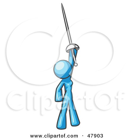 Royalty-Free (RF) Clipart Illustration of a Blue Design Mascot Woman Holding Up A Sword by Leo Blanchette