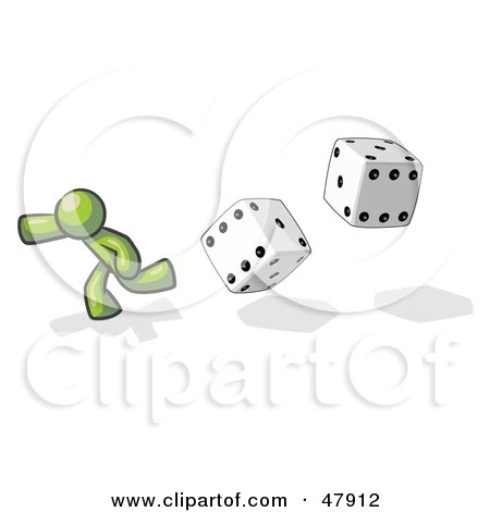 Royalty-Free (RF) Clipart Illustration of a Green Design Mascot Man Running From Dice by Leo Blanchette