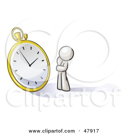 Royalty-Free (RF) Clipart Illustration of a White Design Mascot Man Worried And Watching A Clock by Leo Blanchette