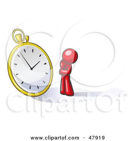 Royalty-Free (RF) Clipart Illustration of a Red Design Mascot Man Worried And Watching A Clock by Leo Blanchette