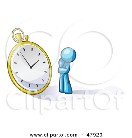 Royalty-Free (RF) Clipart Illustration of a Blue Design Mascot Man Worried And Watching A Clock by Leo Blanchette