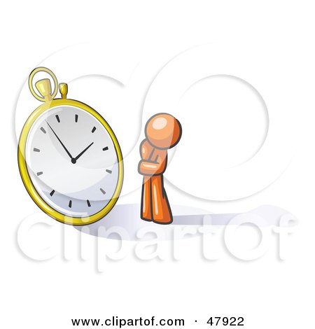 Royalty-Free (RF) Clipart Illustration of an Orange Design Mascot Man Worried And Watching A Clock by Leo Blanchette