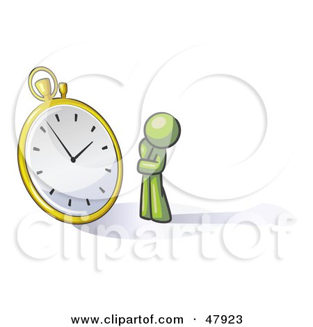 Royalty-Free (RF) Clipart Illustration of a Green Design Mascot Man Worried And Watching A Clock by Leo Blanchette
