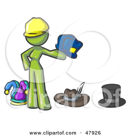 Royalty-Free (RF) Clipart Illustration of a Green Design Mascot Woman With Many Hats by Leo Blanchette