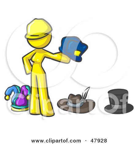 Royalty-Free (RF) Clipart Illustration of a Yellow Design Mascot Woman With Many Hats by Leo Blanchette