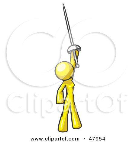 Royalty-Free (RF) Clipart Illustration of a Yellow Design Mascot Woman Holding Up A Sword by Leo Blanchette