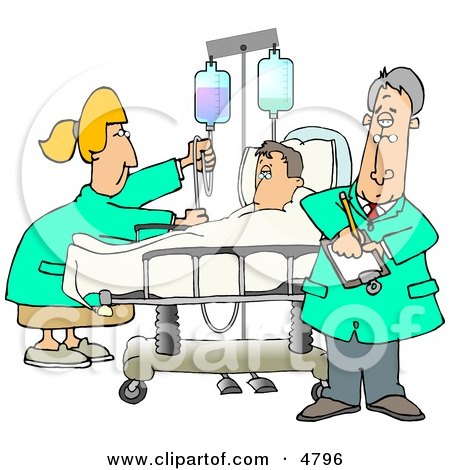 Nurse and Doctor Caring for a Hospitalized Man Attached to an IV Fluid Drip Line Clipart by djart