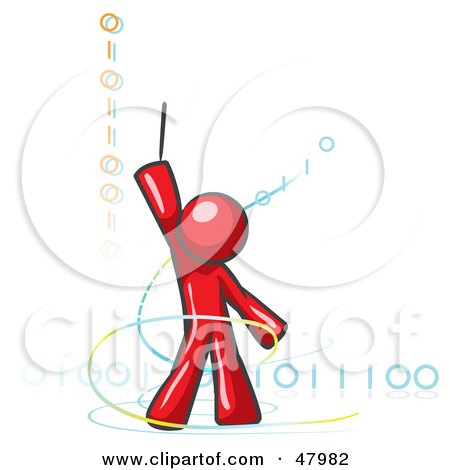 Royalty-Free (RF) Clipart Illustration of a Red Design Mascot Man Composing Binary Code by Leo Blanchette