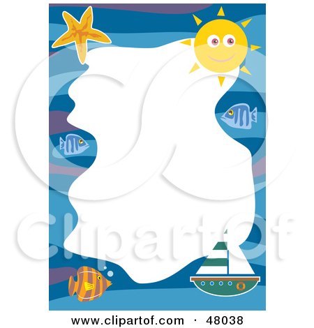 Royalty-Free (RF) Clipart Illustration of a Stationery Border Of Boats, Fish And The Sun On White by Prawny