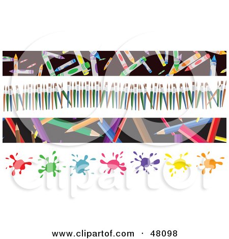 Royalty-Free (RF) Clipart Illustration of a Digital Collage Of Crayons, Paint Brushes, Colored Pencils And Splatters by Prawny