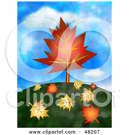 Royalty-Free (RF) Clipart Illustration of a Leaf Shaped Tree On A Hill With Fallen Foliage On The Ground by Prawny