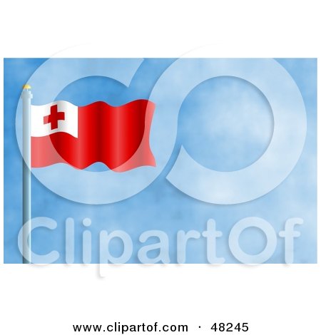 Royalty-Free (RF) Clipart Illustration of a Waving Tonga Flag Against A Blue Sky by Prawny