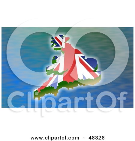 Royalty-Free (RF) Clipart Illustration of a Great Britian Island With The Flag Design, Surrounded By Water by Prawny