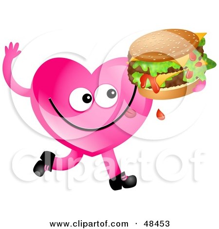 Royalty-Free (RF) Clipart Illustration of a Pink Love Heart Eating A Double Cheese Burger by Prawny