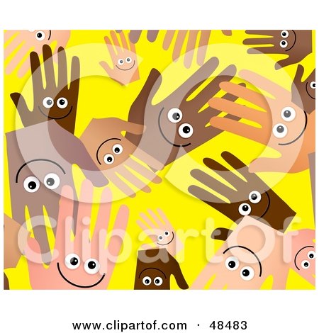 Royalty-Free (RF) Clipart Illustration of a Yellow Background of Happy Diverse Hands by Prawny