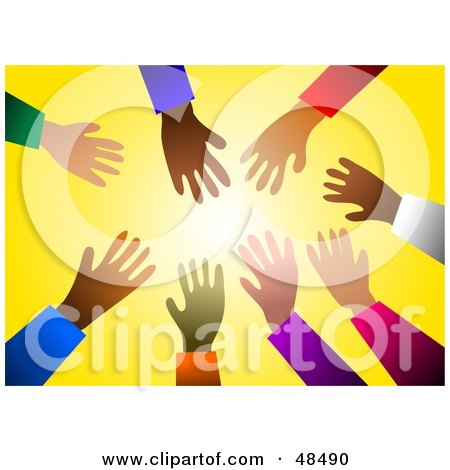 Royalty-Free (RF) Clipart Illustration of Diverse Ethnic Hands Reaching In Towards Light, Over Yellow by Prawny