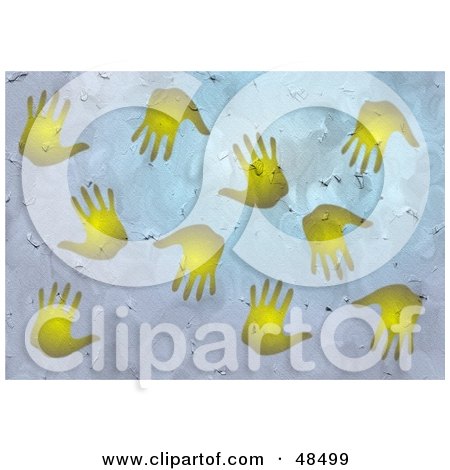 Royalty-Free (RF) Clipart Illustration of a Grungy Background Of Golden Hand Prints On Blue Texture by Prawny