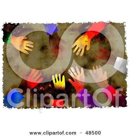 Royalty-Free (RF) Clipart Illustration of a Grungy Background Of Diverse Hands Reaching by Prawny