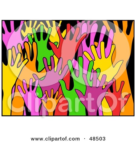 Royalty-Free (RF) Clipart Illustration of Anxious, Diverse And Colorful Raised Hands On Black by Prawny