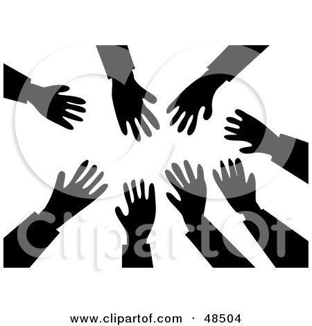 Royalty-Free (RF) Clipart Illustration of Black And White Silhouetted Hands Reaching Towards The Center by Prawny
