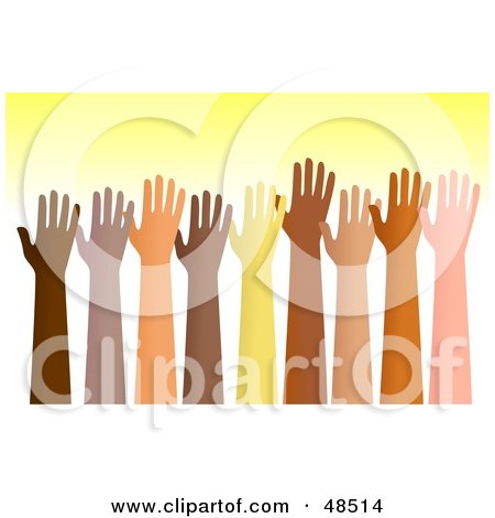 Royalty-Free (RF) Clipart Illustration of a Group Of Raised Hands Of Different Ethnic Groups by Prawny
