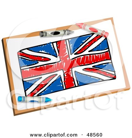 Royalty-Free (RF) Clipart Illustration of Crayons Resting On A Drawing Of The Union Jack Flag by Prawny