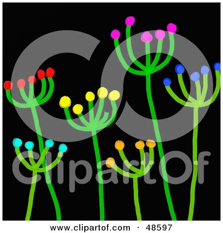 Royalty-Free (RF) Clipart Illustration of Blossoming Green Stick Plants On Black by Prawny