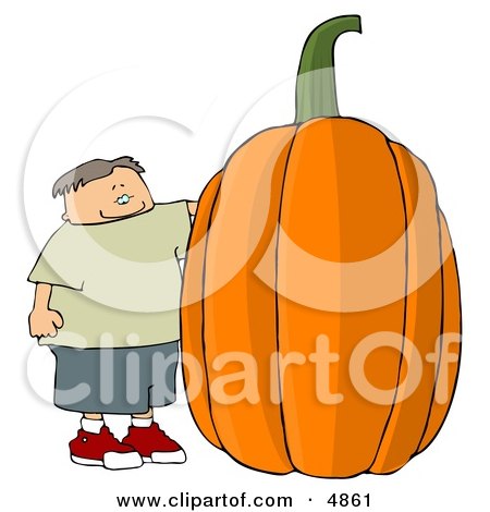 Smiling Boy Standing Beside a Giant Halloween Pumpkin Posters, Art Prints