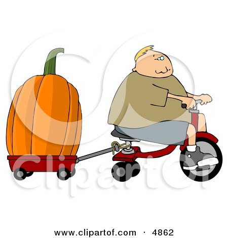 Boy Towing an Oversized Pumpkin Behind His Tricycle Clipart by djart