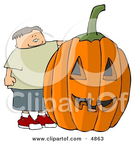 Happy Boy Standing Beside a Big Pumpkin Carved Into a Jack-o'-lantern for Halloween Posters, Art Prints