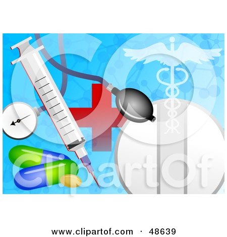 Royalty-Free (RF) Clipart Illustration of a Medicine, Stethoscope, Syringe, Red Cross, And Caduceus Hospital Collage by Prawny
