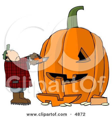 Man Carving a Face Into Big Pumpkin for Halloween Posters, Art Prints