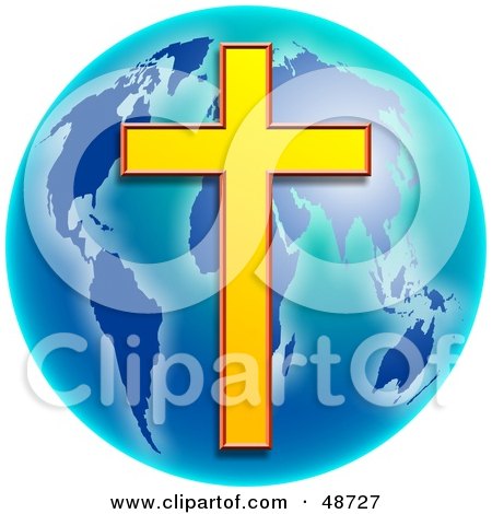 Royalty-Free (RF) Clipart Illustration of a Golden Cross Over A Blue Globe by Prawny