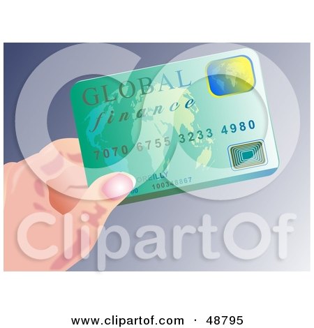 Royalty-Free (RF) Clipart Illustration of a Womans Hand Holding A Green Global Finance Credit Card by Prawny